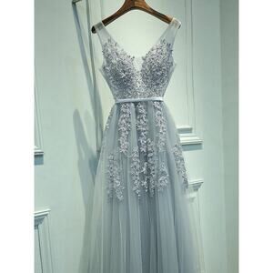 Prom Dress Beaded Ribbon Blue Gray Lace Tulle Gala Guest Maxi M